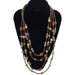 Vintage Multi Strand Beaded Necklace Bronze Tone Glass Wood Boho Long Layered